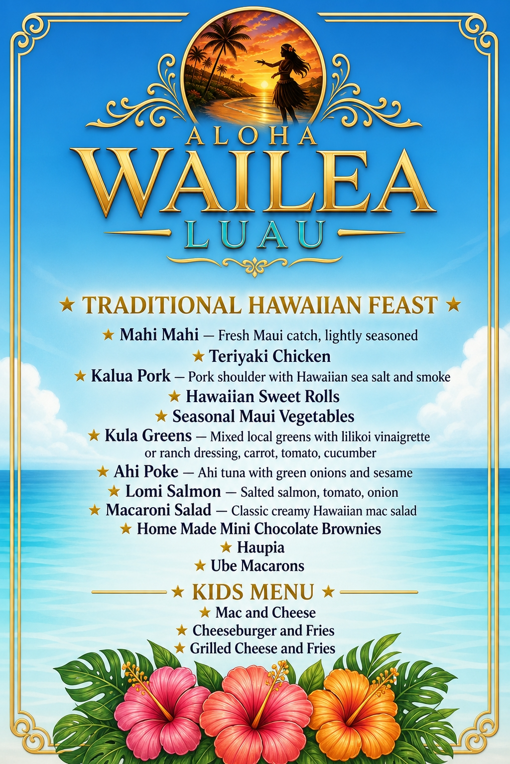 Aloha Wailea Luau Menu — Traditional Hawaiian Feast with Kids Menu
